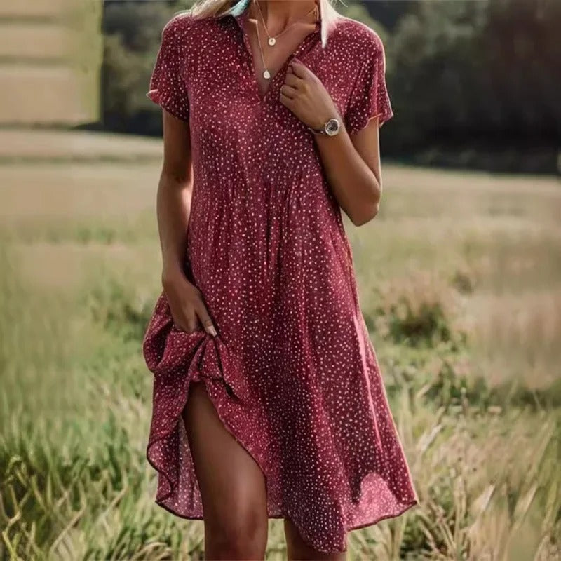 Elyse | Chic V-Neck Polka Dot Midi Dress With Short Sleeves