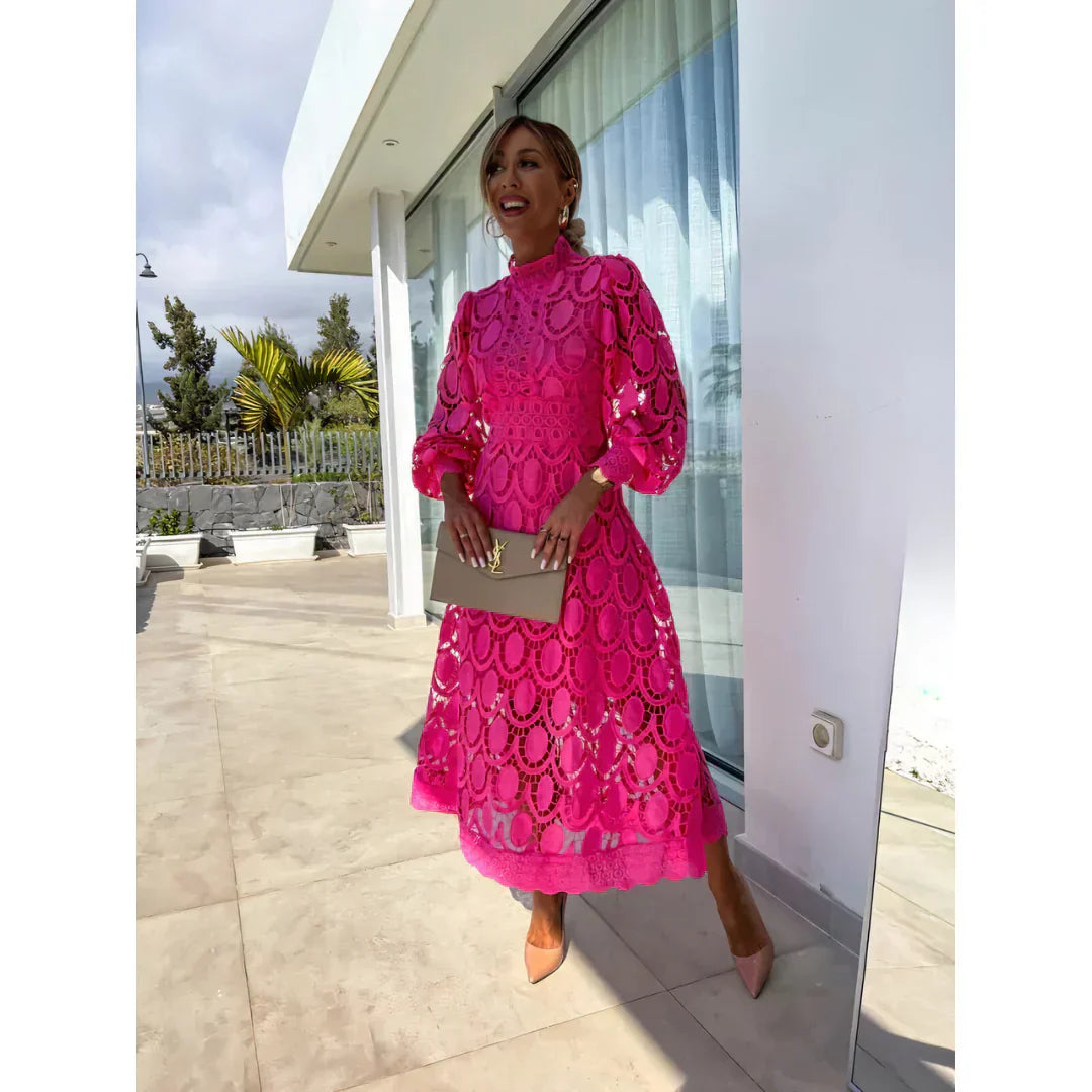 Roshel | Elegant High Neck Long Sleeve Lace Midi Dress
