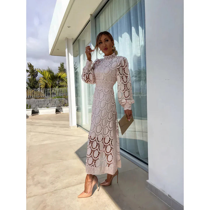 Roshel | Elegant High Neck Long Sleeve Lace Midi Dress