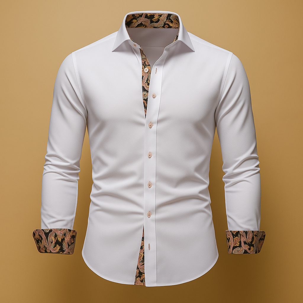 Bram | Elegant Paisley Trim Button Up Shirt Men - White