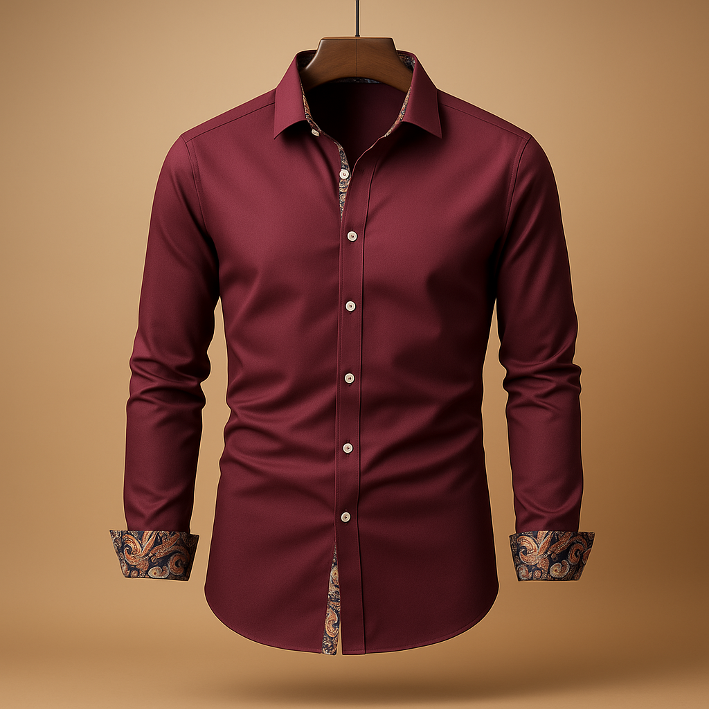 Bram | Elegant Paisley Trim Button Up Shirt Men - White