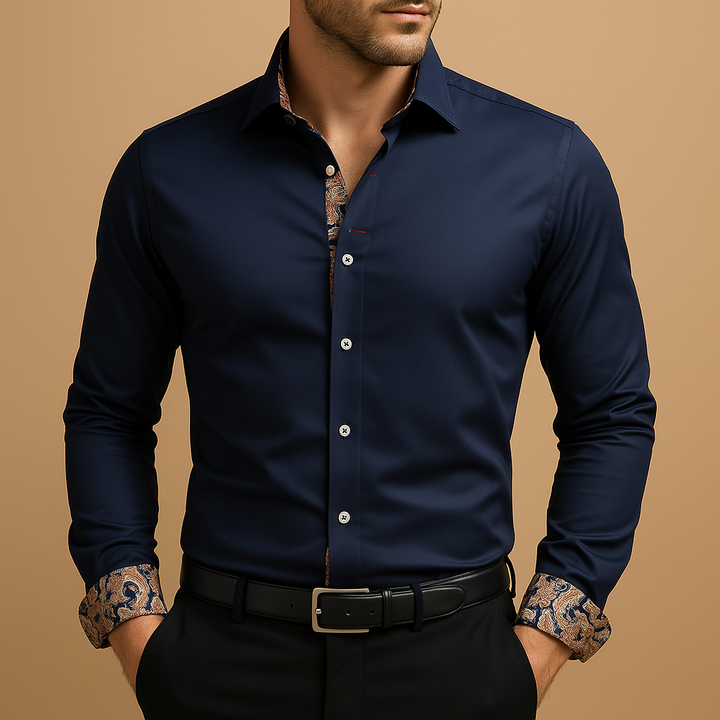 Victoria | Elegant Men's White Button Down Shirt With Paisley Trim