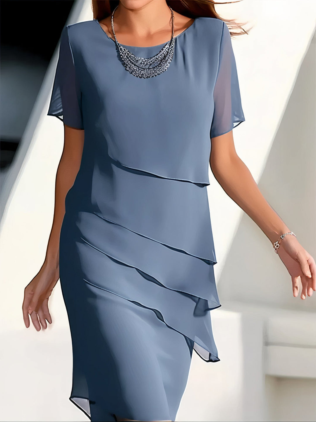 Rosalynn | Elegant Tiered Chiffon Short Sleeve Midi Dress