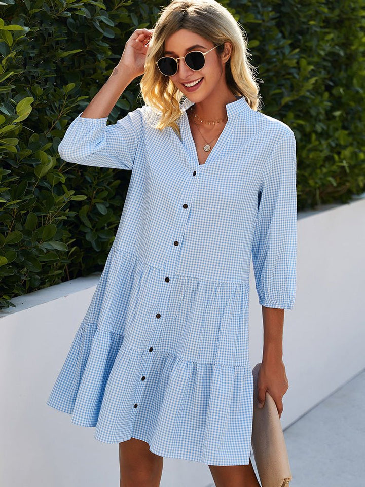 Elyse | Chic Gingham Tiered Mini Shirt Dress With Button Front