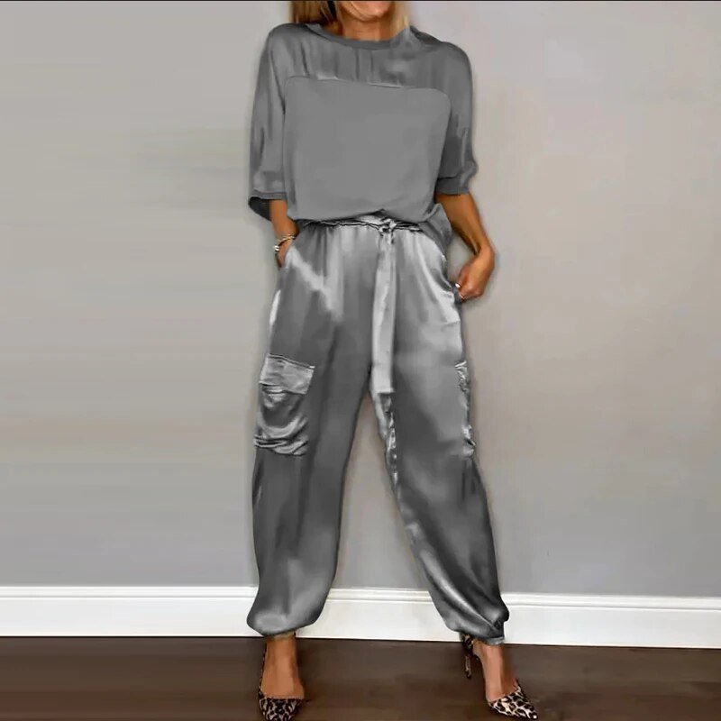 Sophia | Elegant Satin Two Piece Cargo Set With Drawstring