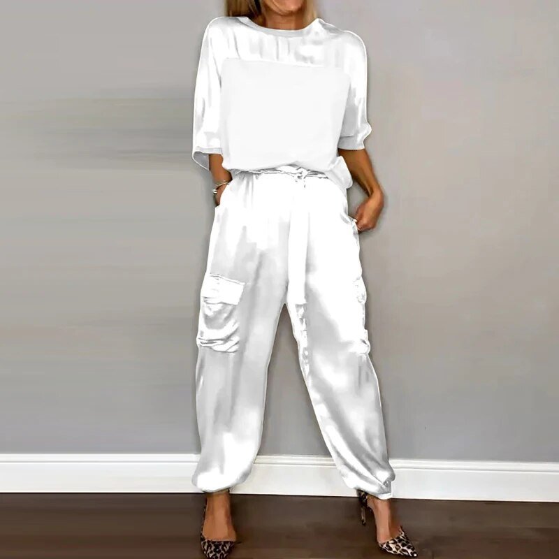 Sophia | Elegant Satin Two Piece Cargo Set With Drawstring
