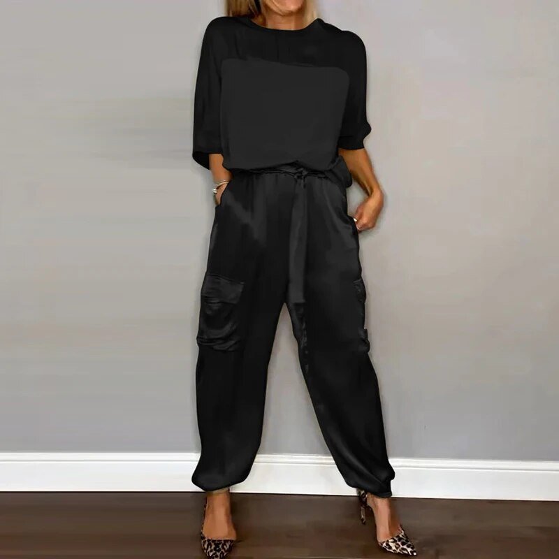 Sophia | Elegant Satin Two Piece Cargo Set With Drawstring