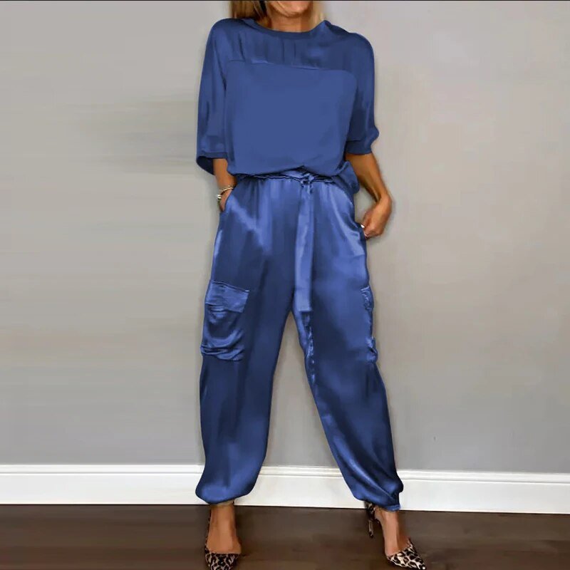 Sophia | Elegant Satin Two Piece Cargo Set With Drawstring