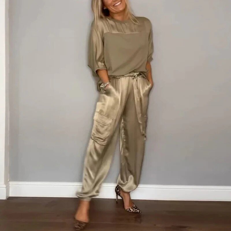 Sophia | Elegant Satin Two Piece Cargo Set With Drawstring