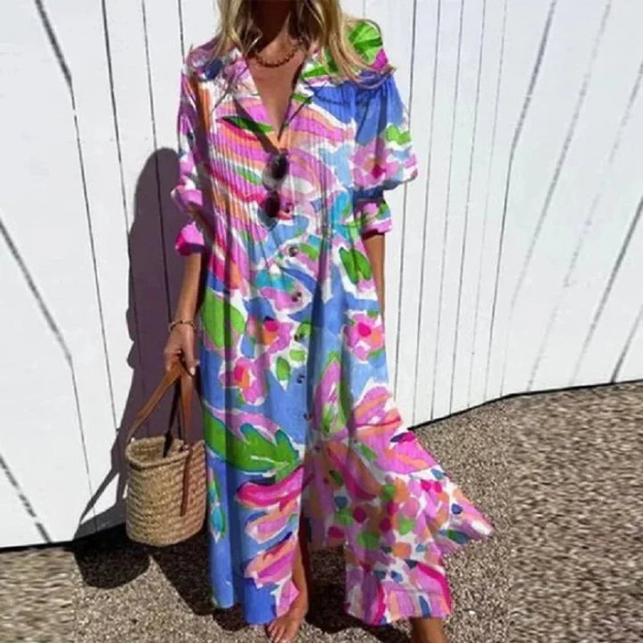 Vivienne | Elegant V-Neck Floral Maxi Dress With Long Sleeves