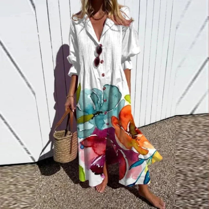 Vivienne | Elegant V-Neck Floral Maxi Dress With Long Sleeves