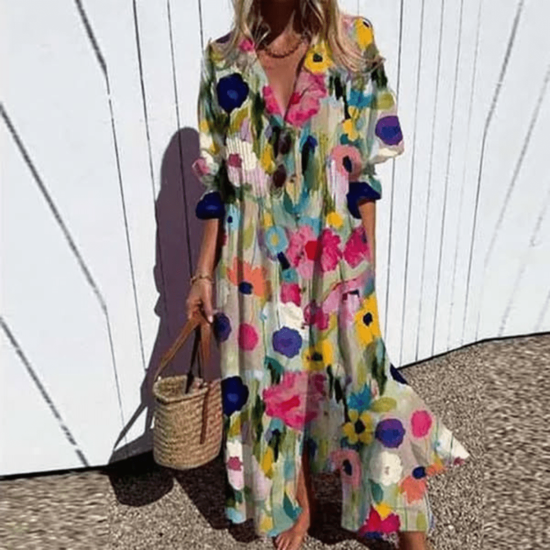 Vivienne | Elegant V-Neck Floral Maxi Dress With Long Sleeves