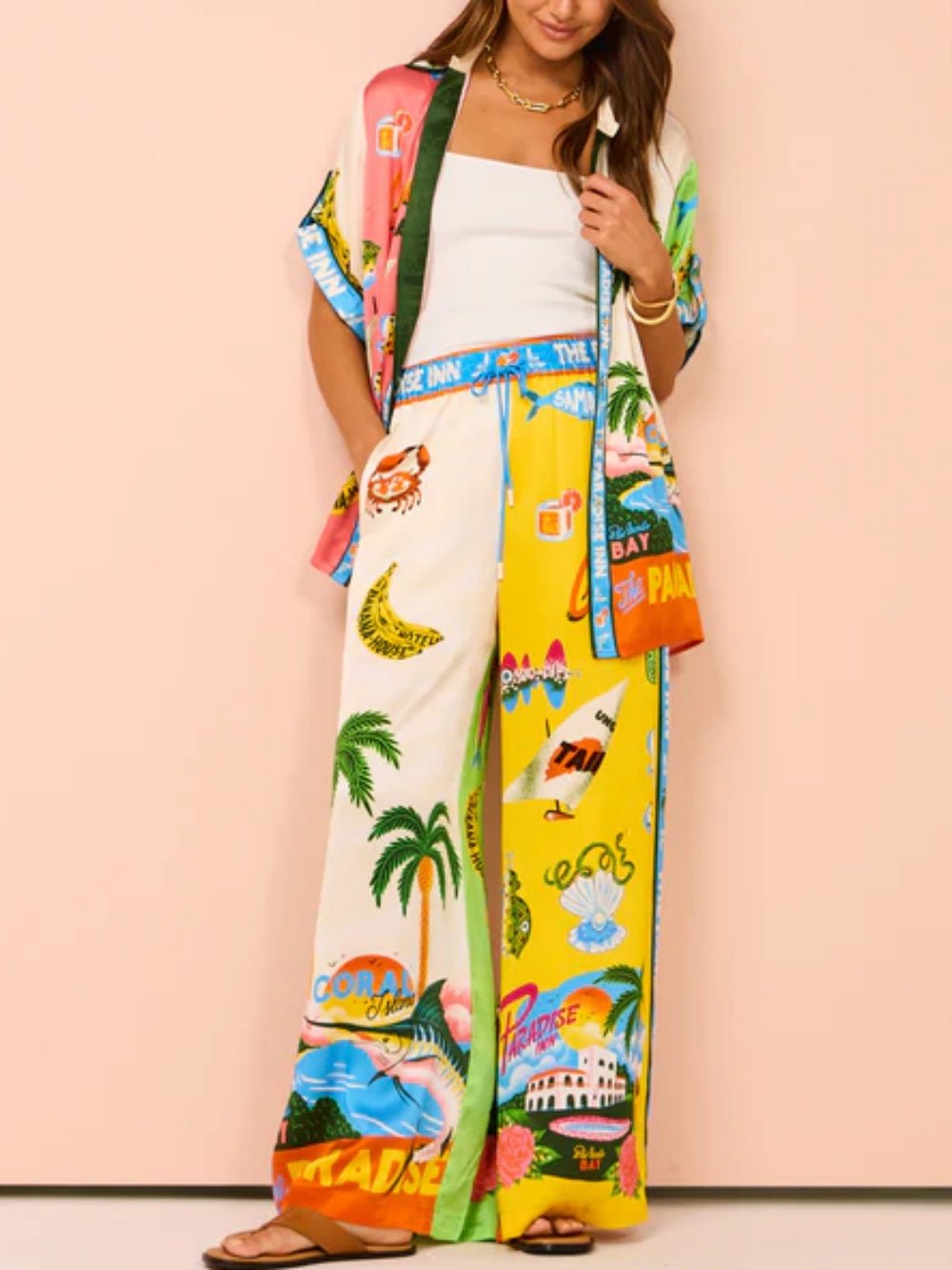 Isla | Tropical Print Two Piece Set With Wide Leg Pants