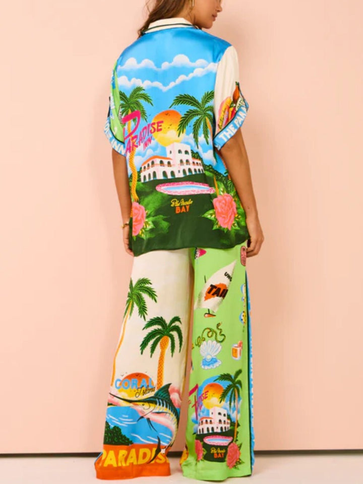 Isla | Tropical Print Two Piece Set With Wide Leg Pants