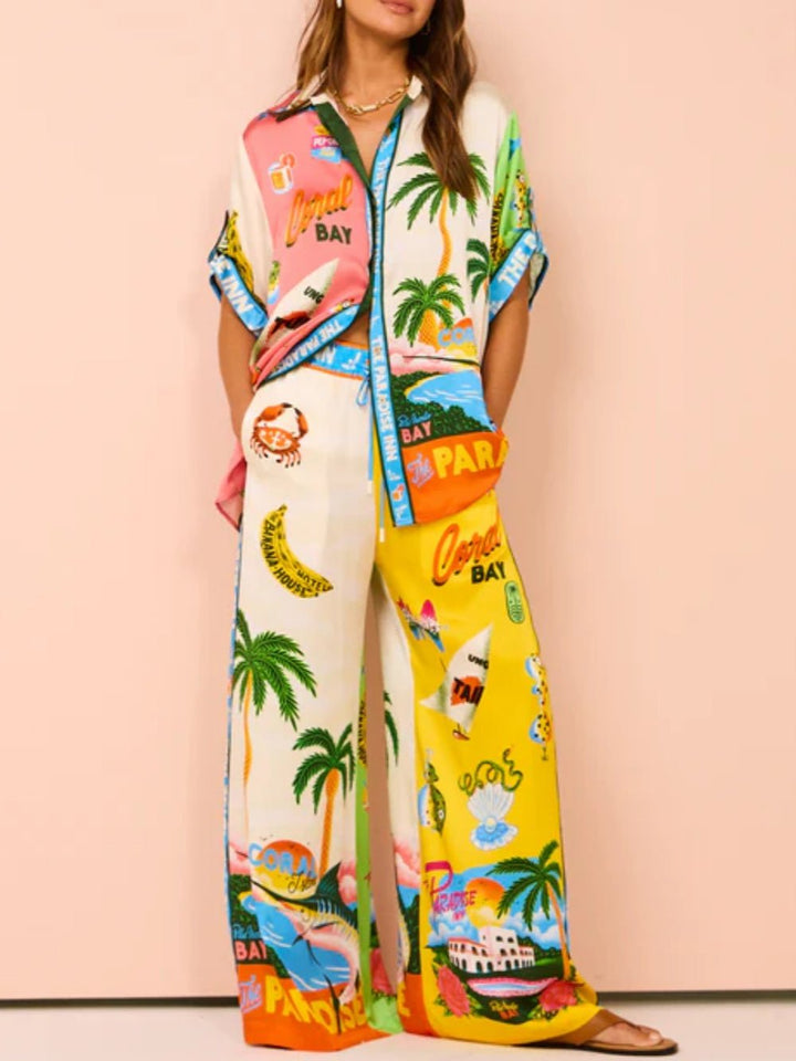 Isla | Tropical Print Two Piece Set With Wide Leg Pants