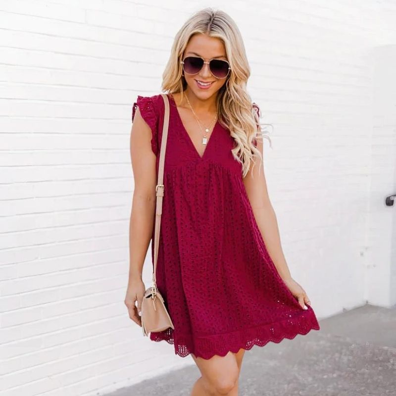 Evelyn | Chic V-Neck Eyelet Mini Dress With Flutter Sleeves