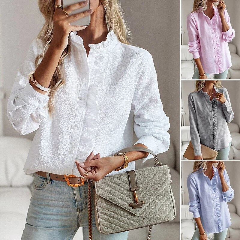 Valerie | Elegant Ruffle Collar Long Sleeve Button Up Blouse