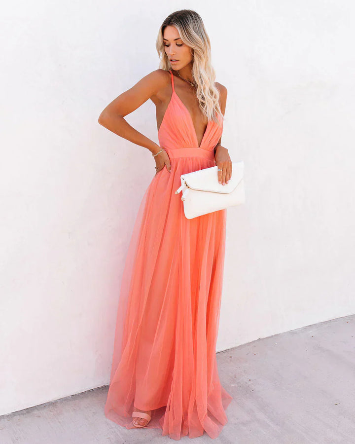 Willa | Elegant Coral V-Neck Sleeveless Maxi Dress For Women
