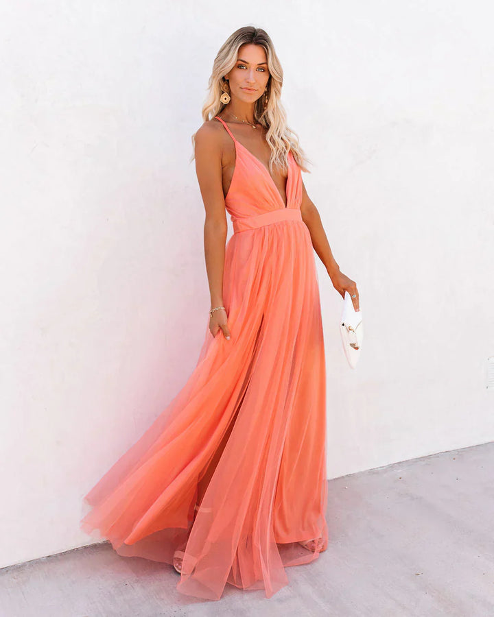 Willa | Elegant Coral V-Neck Sleeveless Maxi Dress For Women