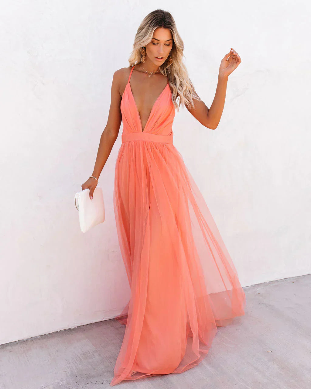 Willa | Elegant Coral V-Neck Sleeveless Maxi Dress For Women