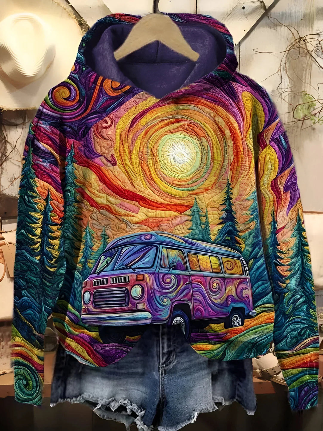 Mariska | Vibrant Psychedelic Van Life Hoodie With Swirling Galaxy Print