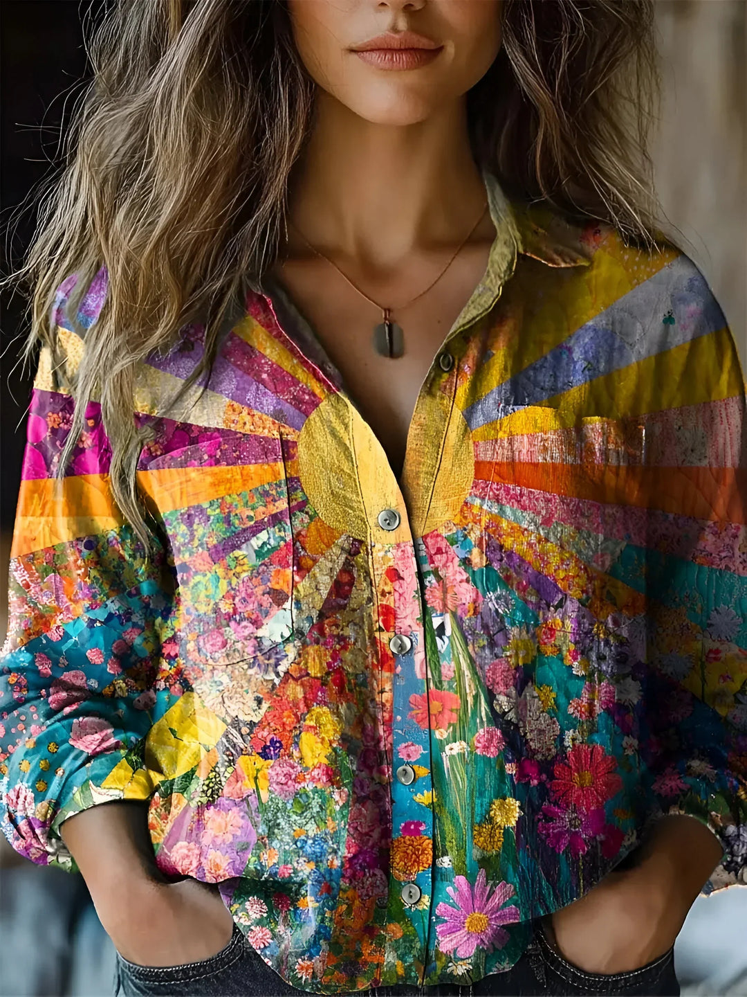 Quinn | Vibrant Floral Print Button-Up Blouse With Long Sleeves
