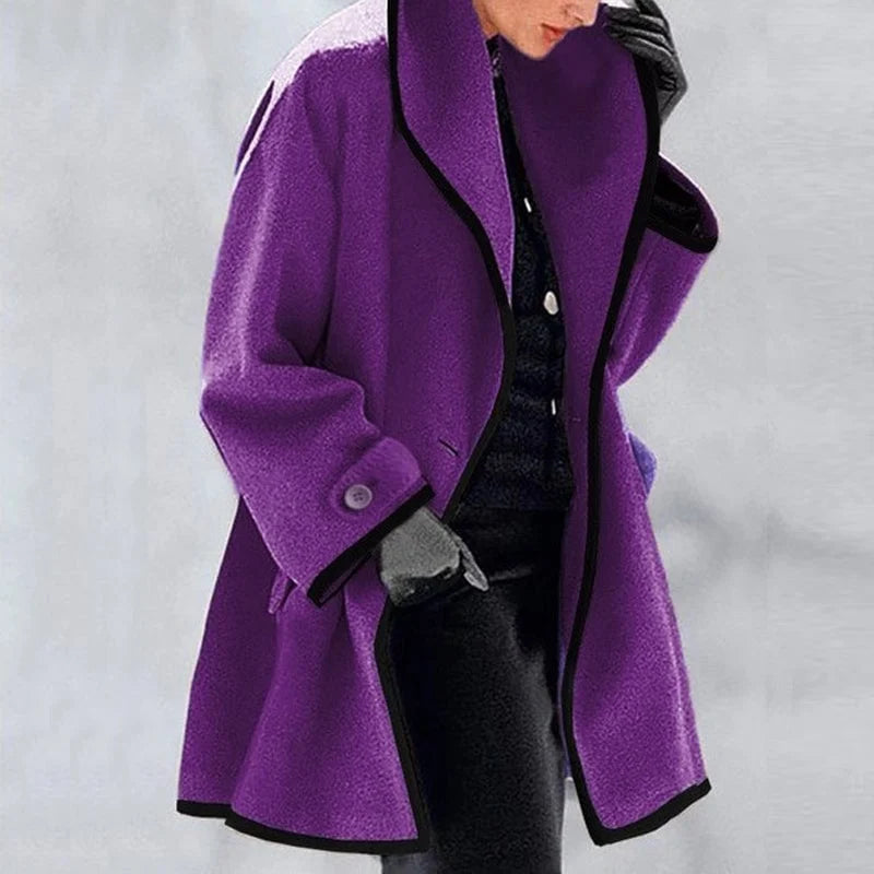 Theodora | Elegant Double Breasted Oversized Coat With Black Trim