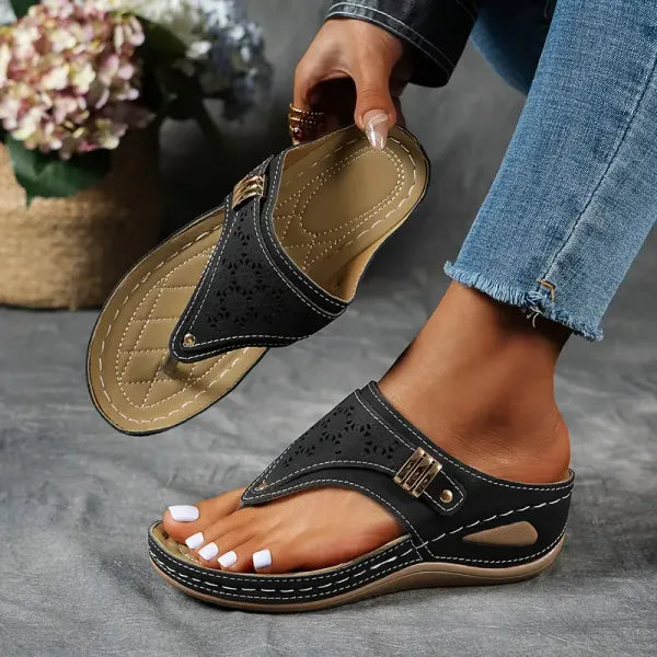 Elyse | Chic Black Wedge Sandals With Arch Support For Women