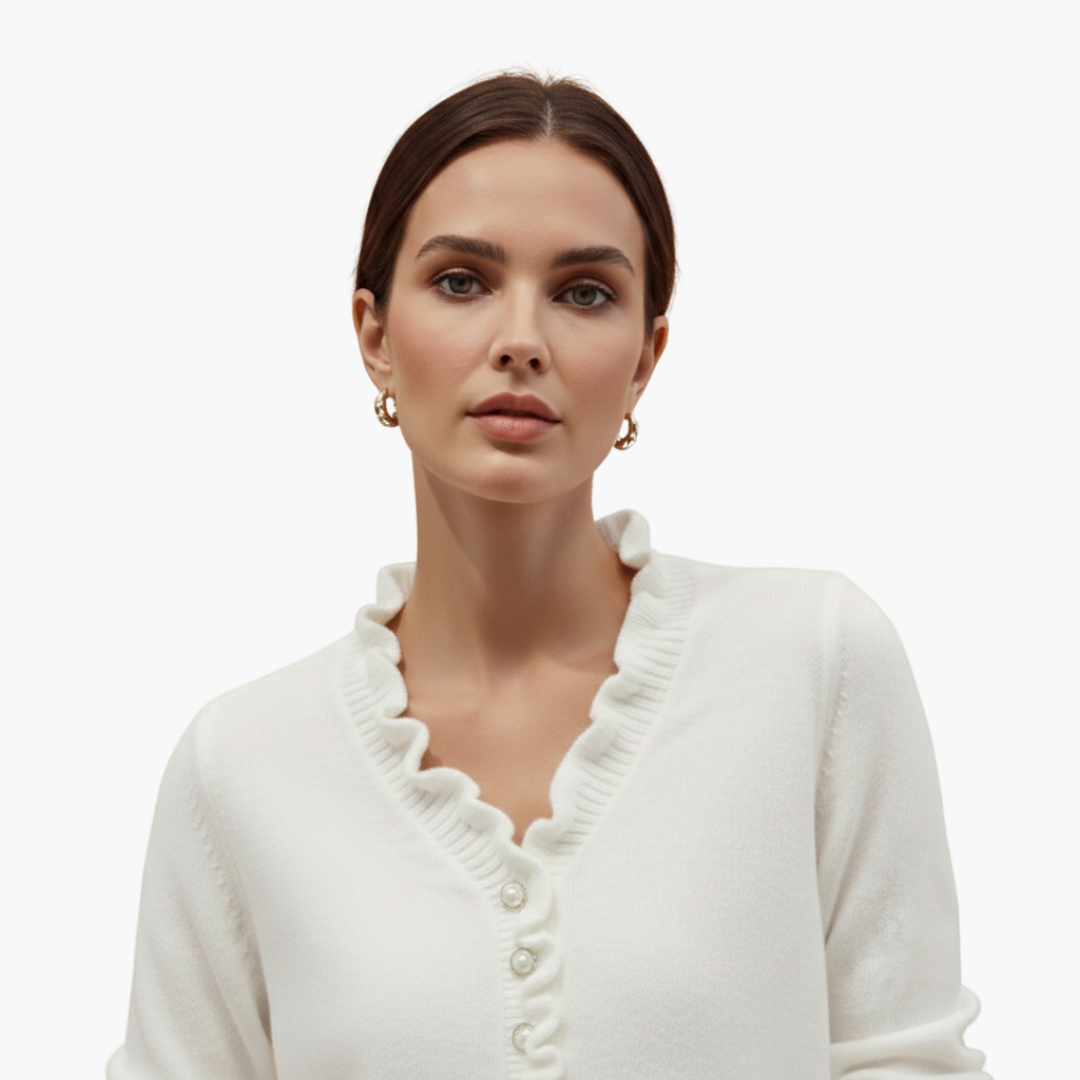 Eloise | Elegant White Ruffle Collar Pullover With Pearl Buttons