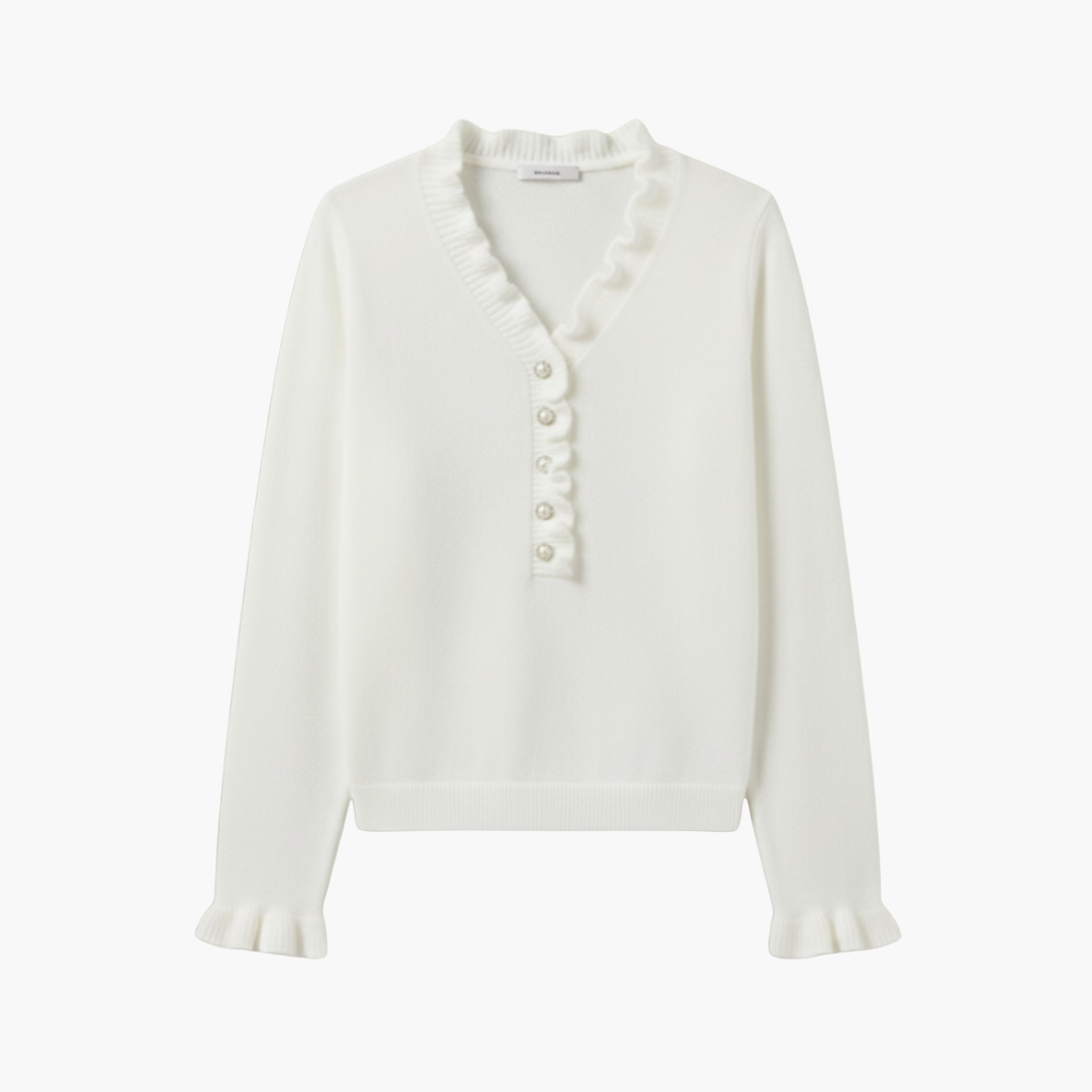 Eloise | Elegant White Ruffle Collar Pullover With Pearl Buttons