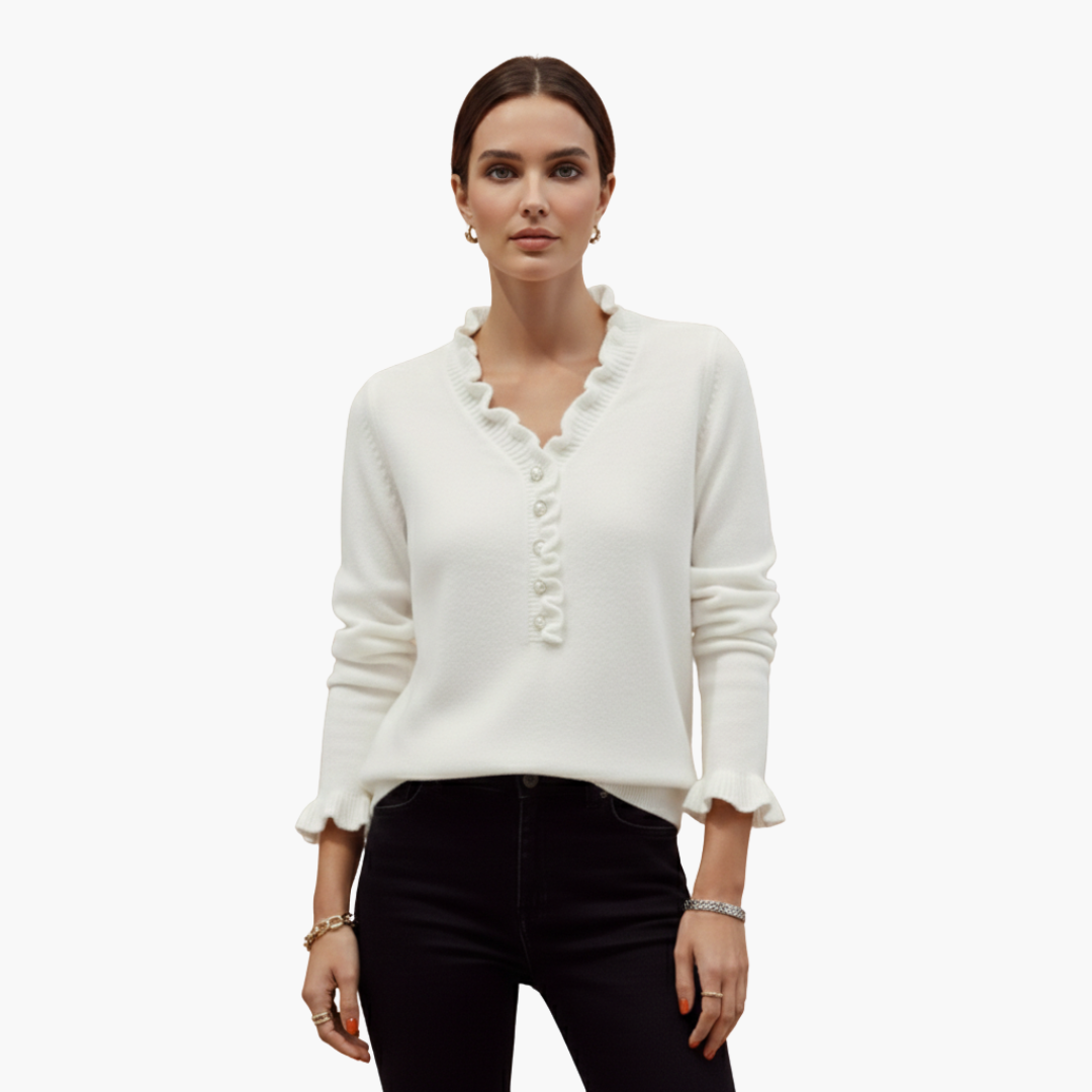 Eloise | Elegant White Ruffle Collar Pullover With Pearl Buttons