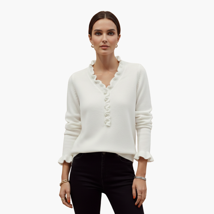 Eloise | Elegant White Ruffle Collar Pullover With Pearl Buttons