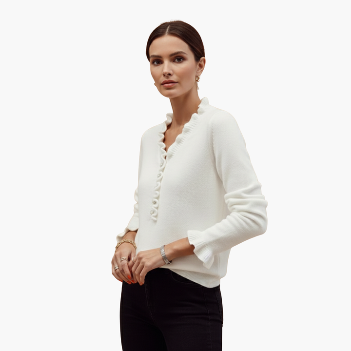 Eloise | Elegant White Ruffle Collar Pullover With Pearl Buttons