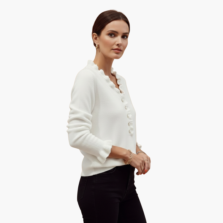 Eloise | Elegant White Ruffle Collar Pullover With Pearl Buttons