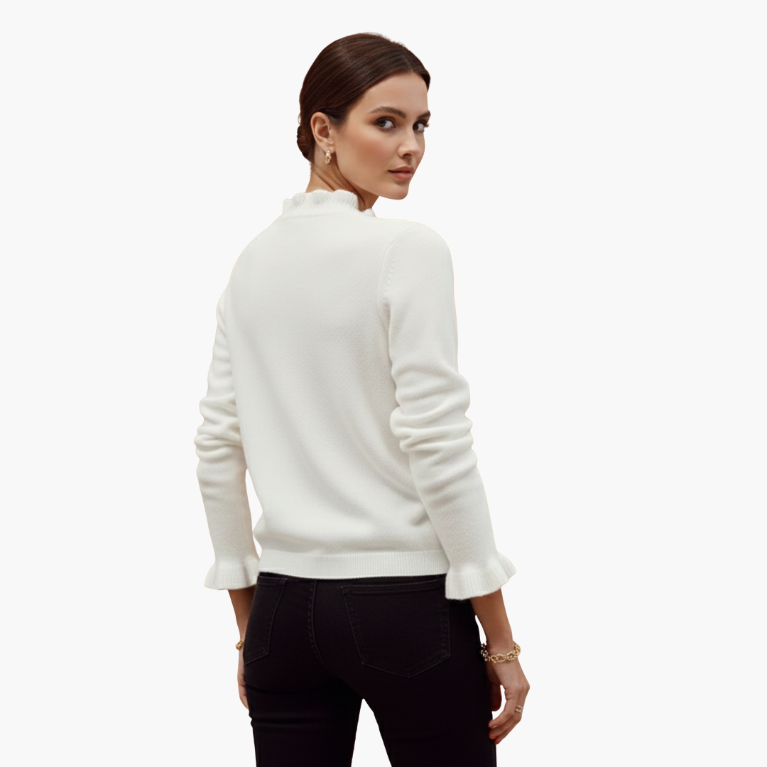 Eloise | Elegant White Ruffle Collar Pullover With Pearl Buttons