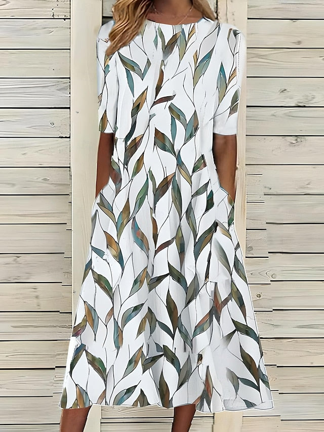 Hannah | Elegant Blue Floral Midi Dress With Round Neckline