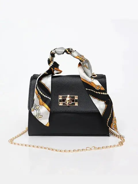 Freya | Elegant Black Chain Crossbody Bag With Scarf Handle
