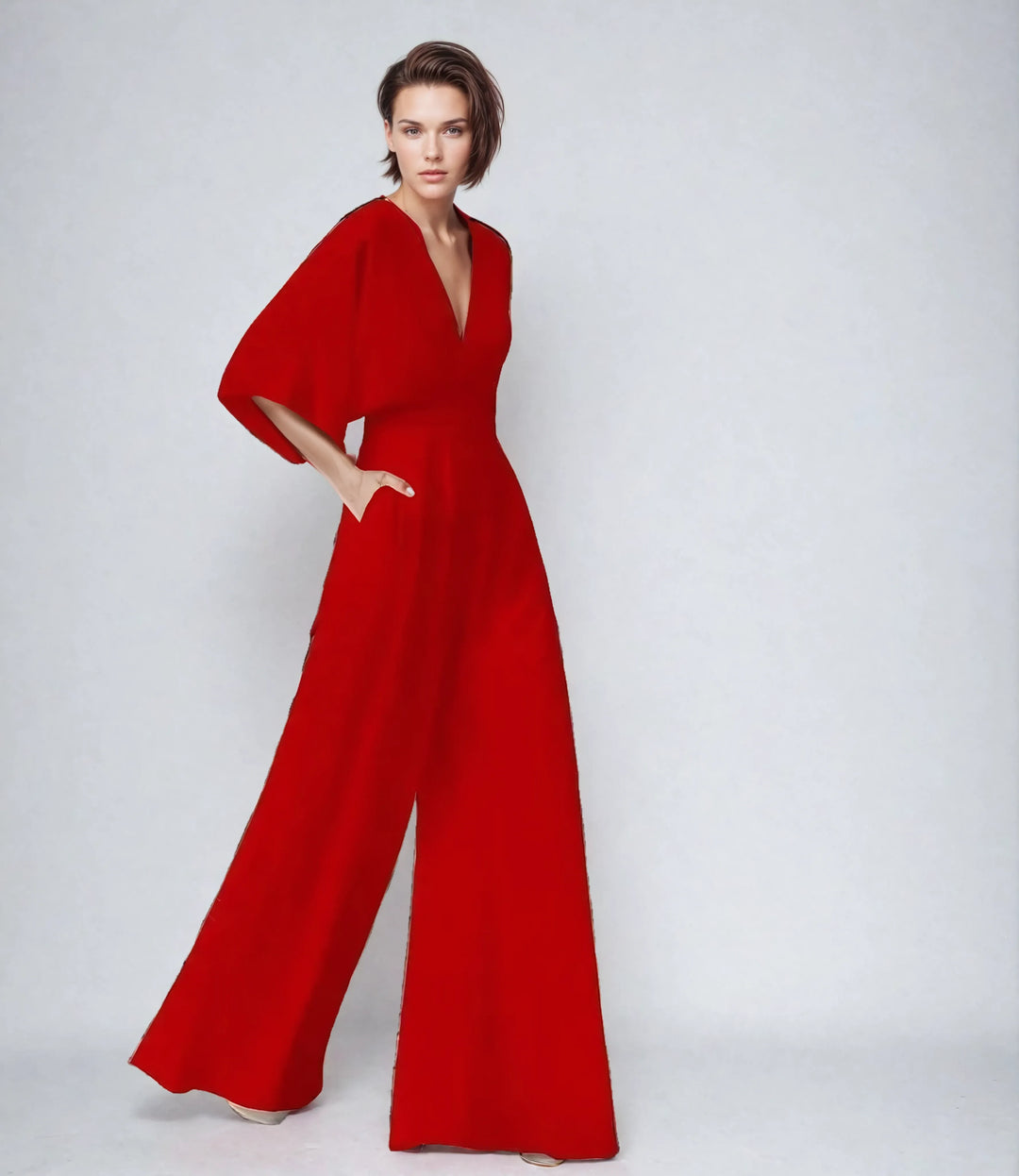 Nina | Elegant V-Neck Wide Leg Jumpsuit With Flutter Sleeves