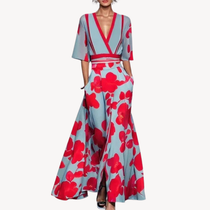 Margot | Elegant V-Neck Wrap Maxi Dress With Contrast Trim