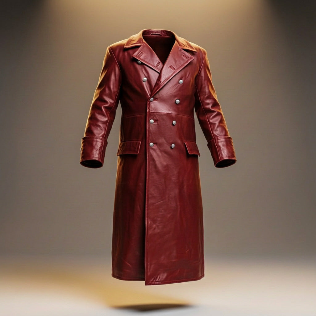 Otto | Elegant Double-Breasted Black Leather Overcoat For Men
