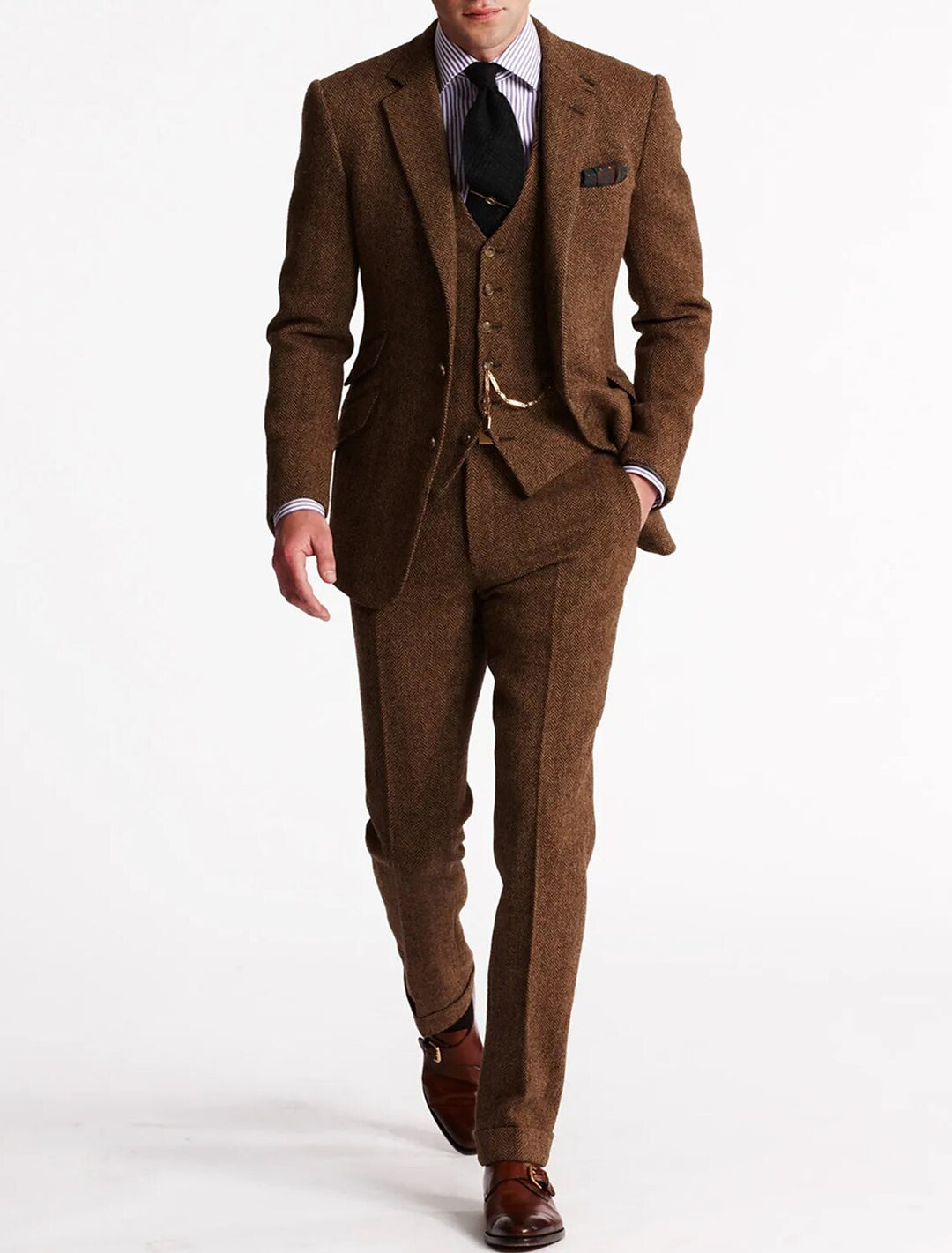 Men's Brown Three Piece Tweed Business Suit With Vest