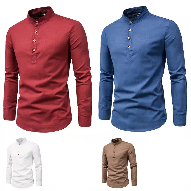 Evy | Elegant Men's White Linen Shirt With Mandarin Collar