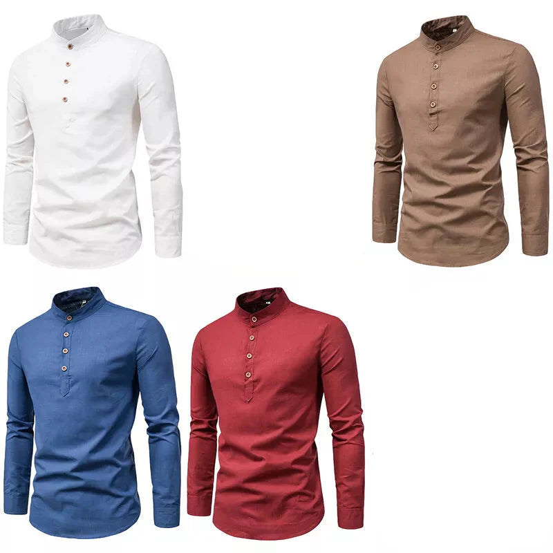 Evy | Elegant Men's White Linen Shirt With Mandarin Collar