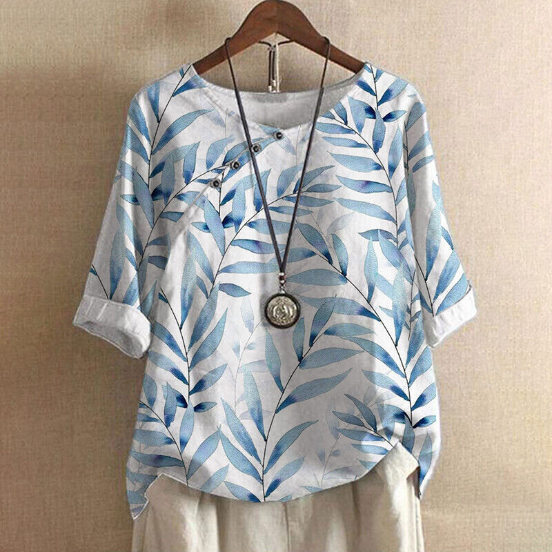 Genevieve | Elegant Leaf Print Blouse With Button Detail