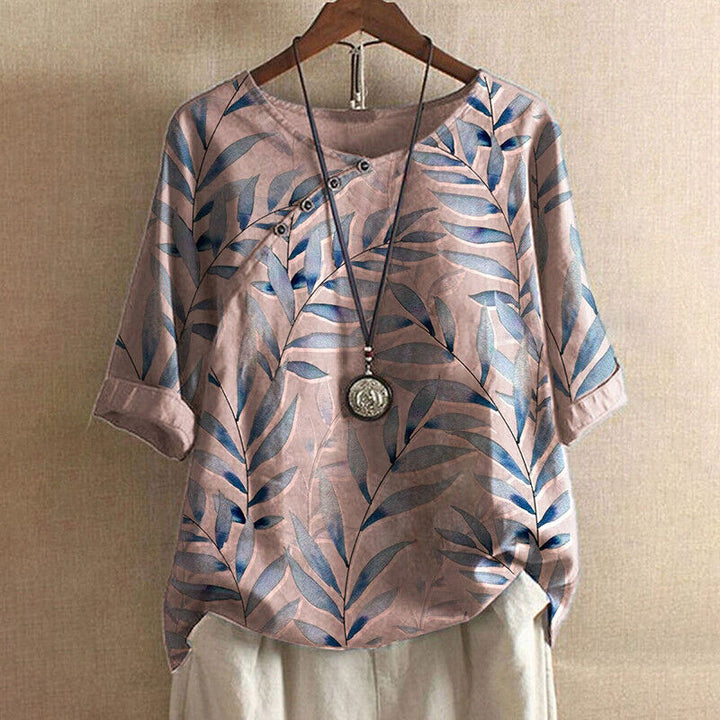 Genevieve | Elegant Leaf Print Blouse With Button Detail