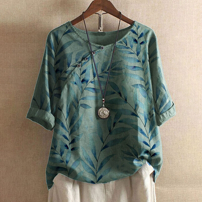 Genevieve | Elegant Leaf Print Blouse With Button Detail