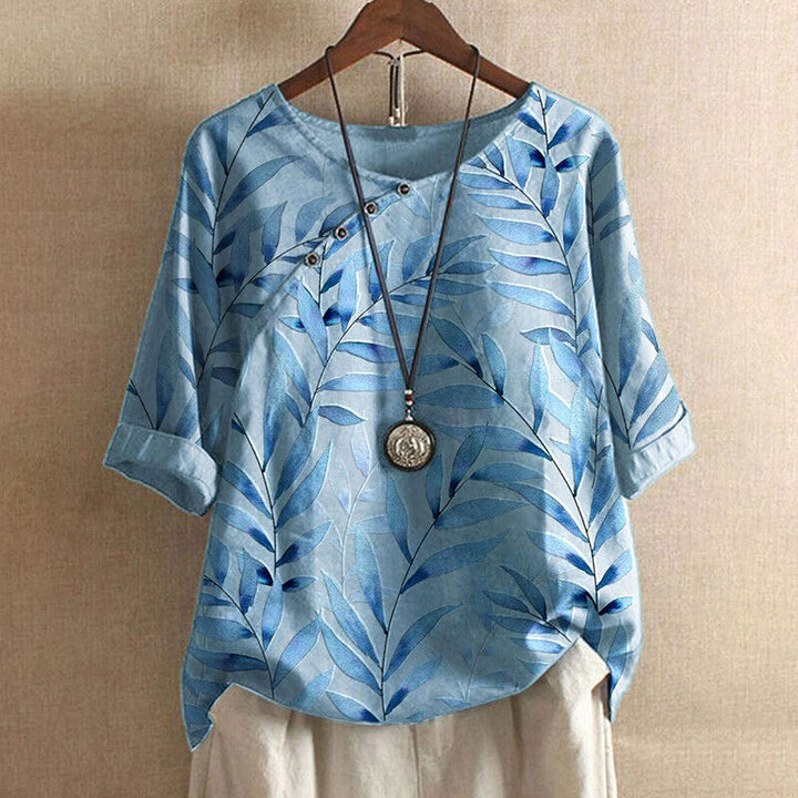 Genevieve | Elegant Leaf Print Blouse With Button Detail