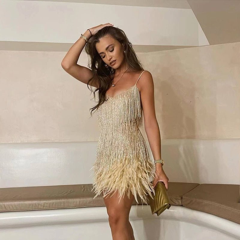 Chloe | Elegant White Fringe Mini Dress With Feather Details