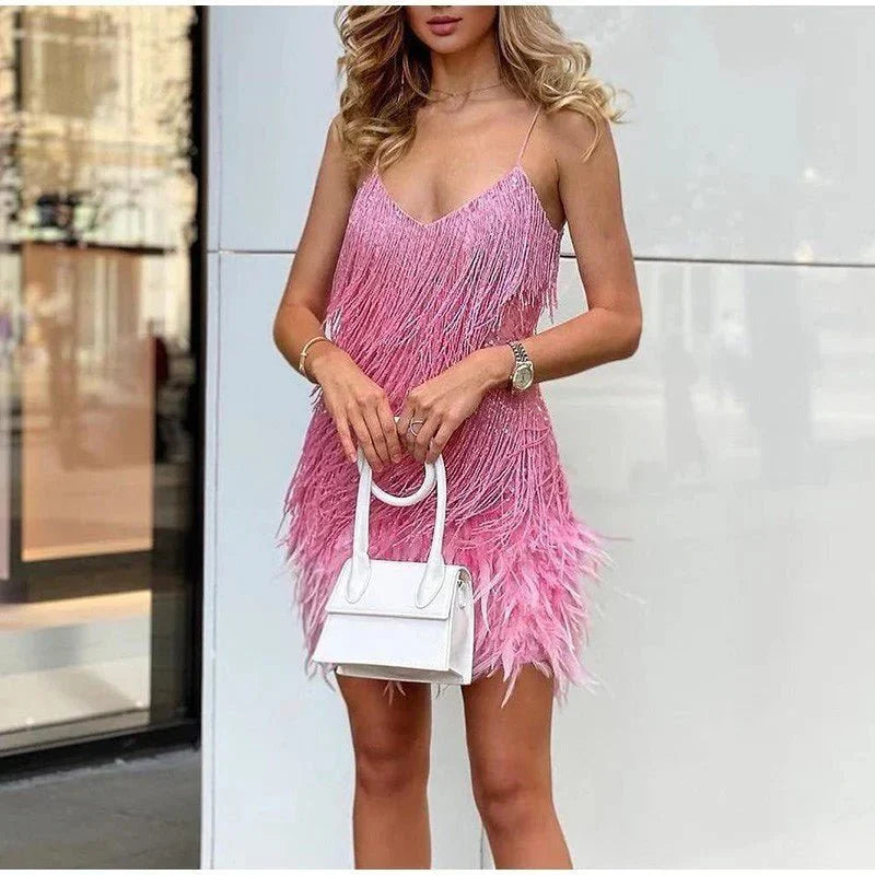 Samba | Elegant White Fringe Mini Dress With Feather Details