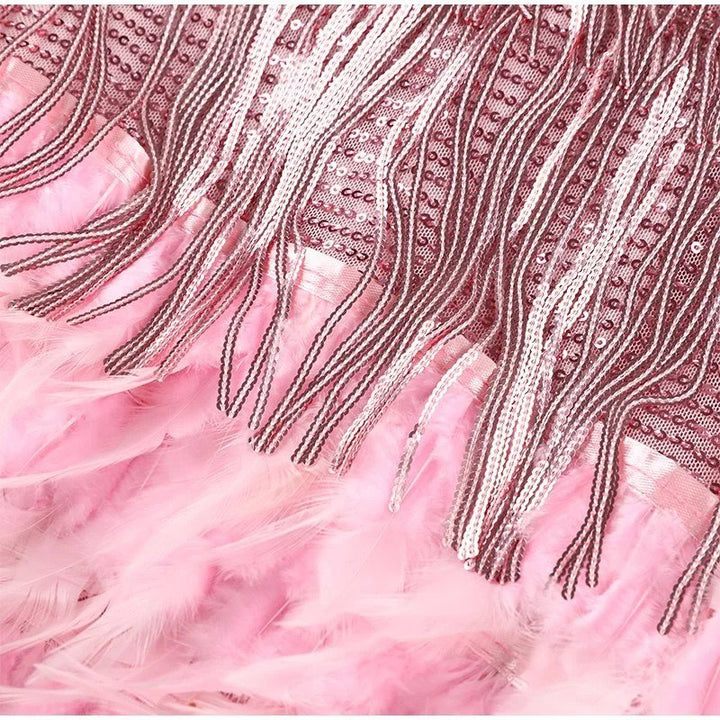 Samba | Elegant White Fringe Mini Dress With Feather Details
